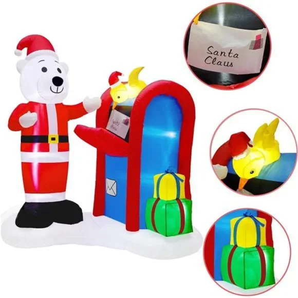 6FT Christmas Inflatable Decor, Lighted Polar Bear Mailing Letter to Santa Scene